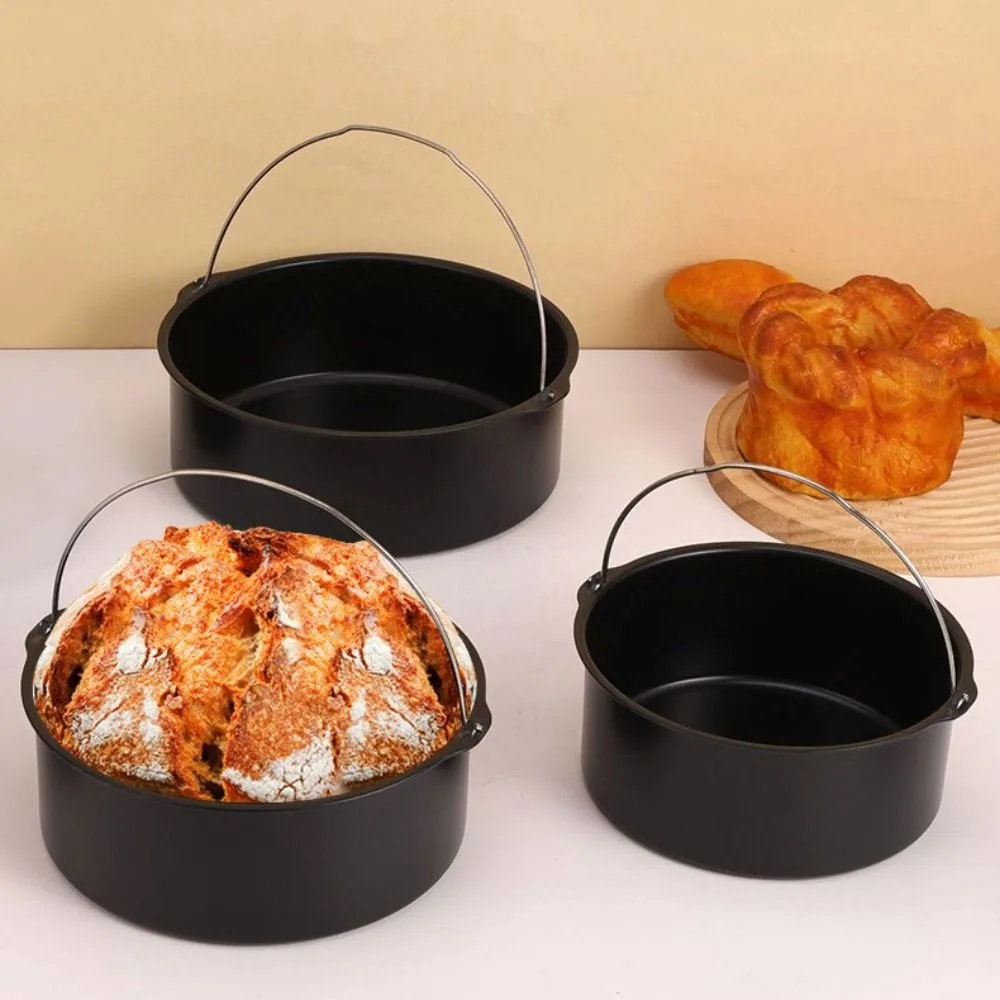 Juego de sartenes para hornear freidora de aire de 6/7/8/9 pulgadas, bandeja antiadherente de acero al carbono con mango, molde redondo negro para pastel, pollo asado