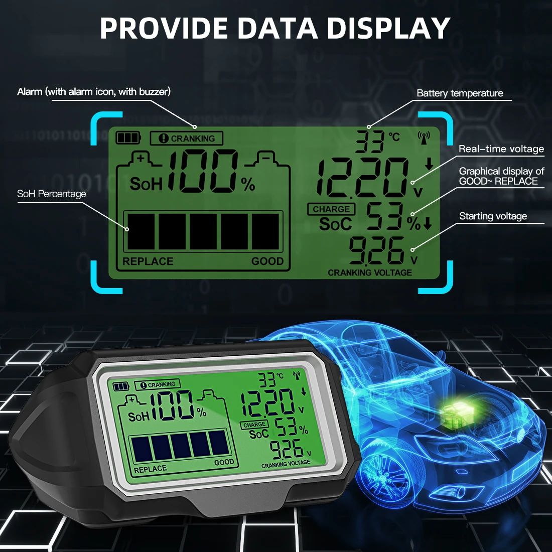 QUICKLYNKS BM5-D Car Battery Tester 12V LED 433MHz Monitor Head-Up Display SOH SOC Charging Battery Analyzer Diagnostic Tool