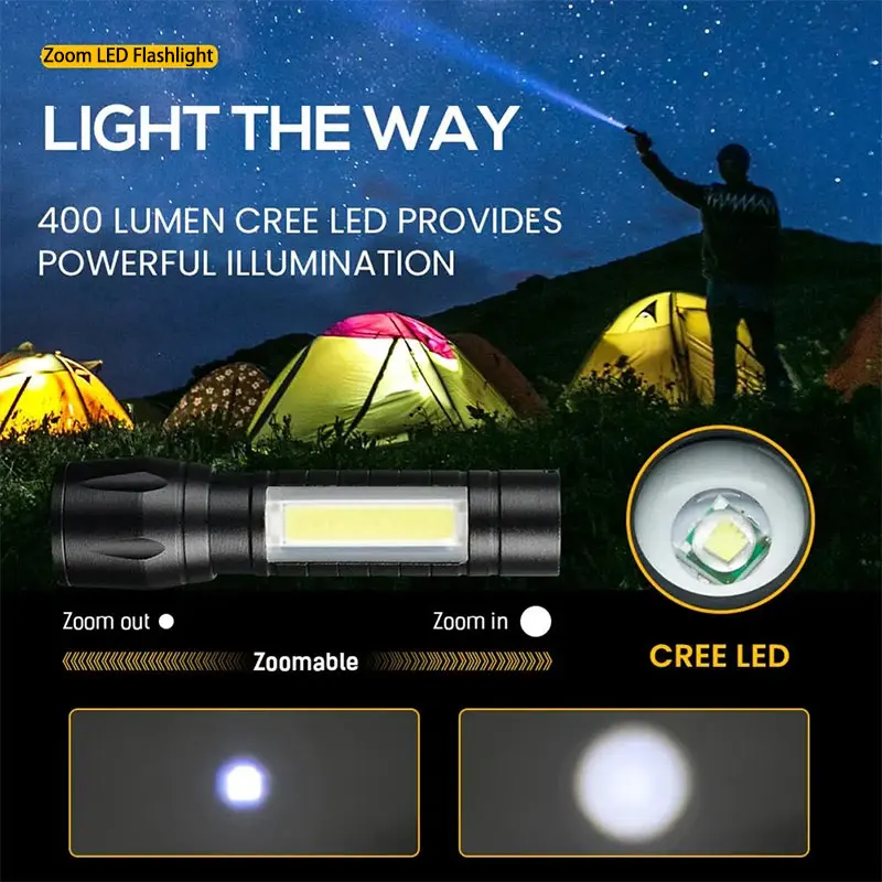 Portable Zoomable Strong LED Flashlight Rechargeable Mini Torch Lantern 3 Lighting Modes Outdoor Emergency Camping Flashlights