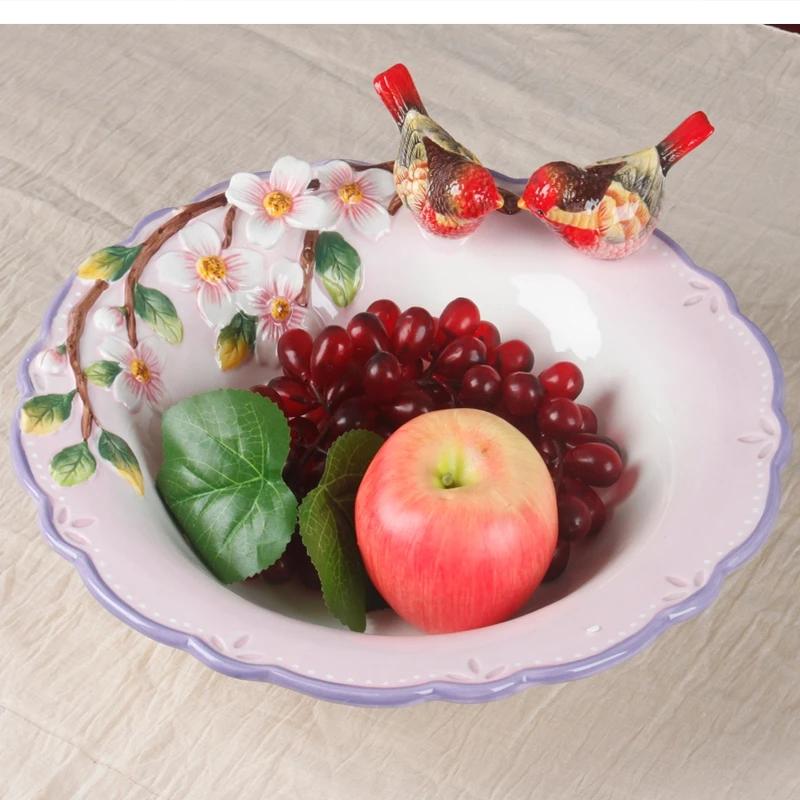 European ceramic fruit bowl Chinese 3D flower and bird holder coffee table candy snack dessert plate home decoration