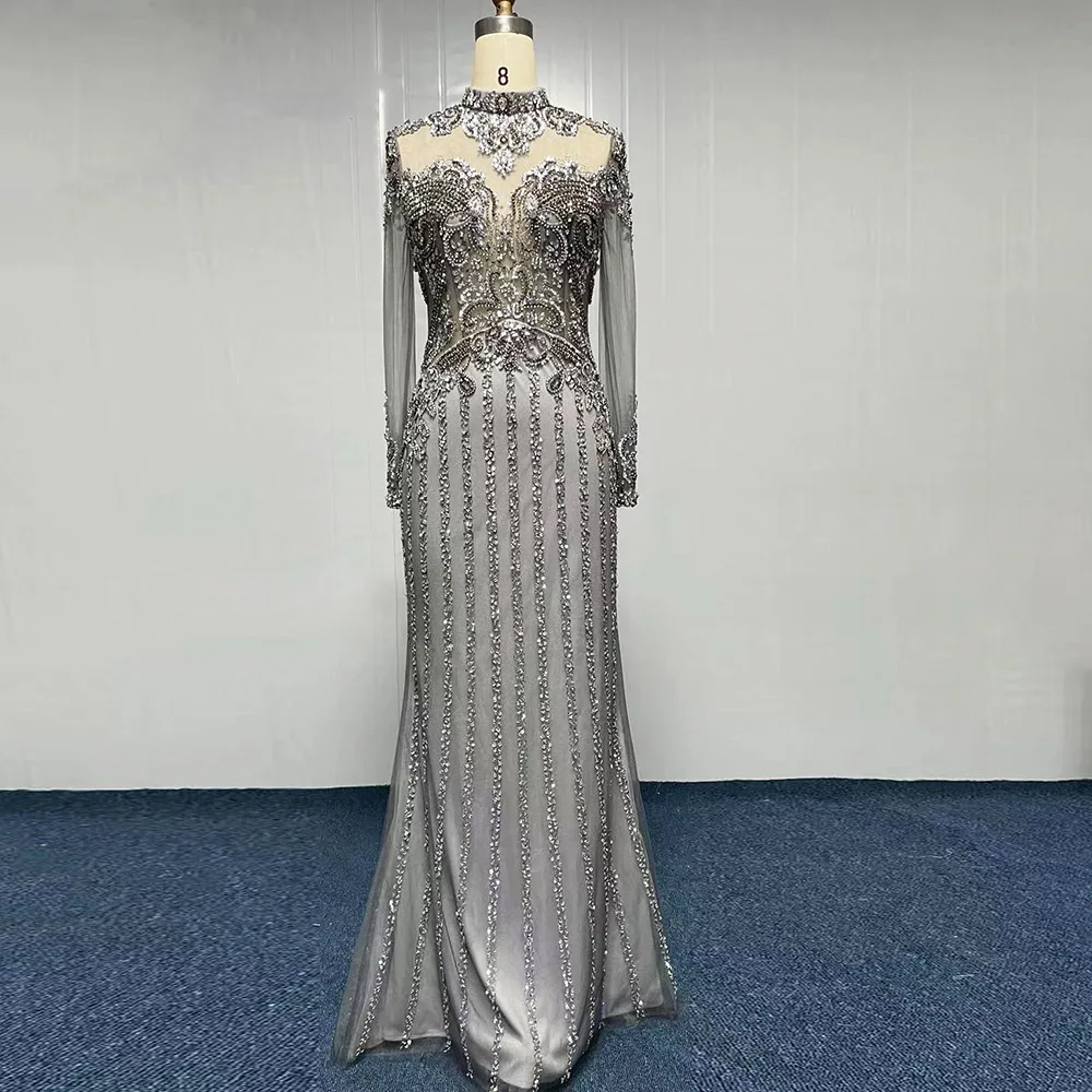 Women Gray Illusion Evening Dress 2024 Arabic Elegant Sequined Luxury Dubai Beaded Formal Party Crystal Prom Gown Robe De Soiree