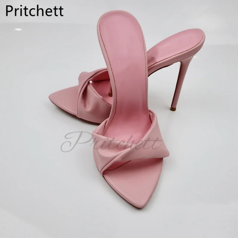 Pleated Pointed Toe Stiletto Slippers for Women Pink Leather High Heels Shoes Female Sexy Summer Holiday Slides Outside Shoes