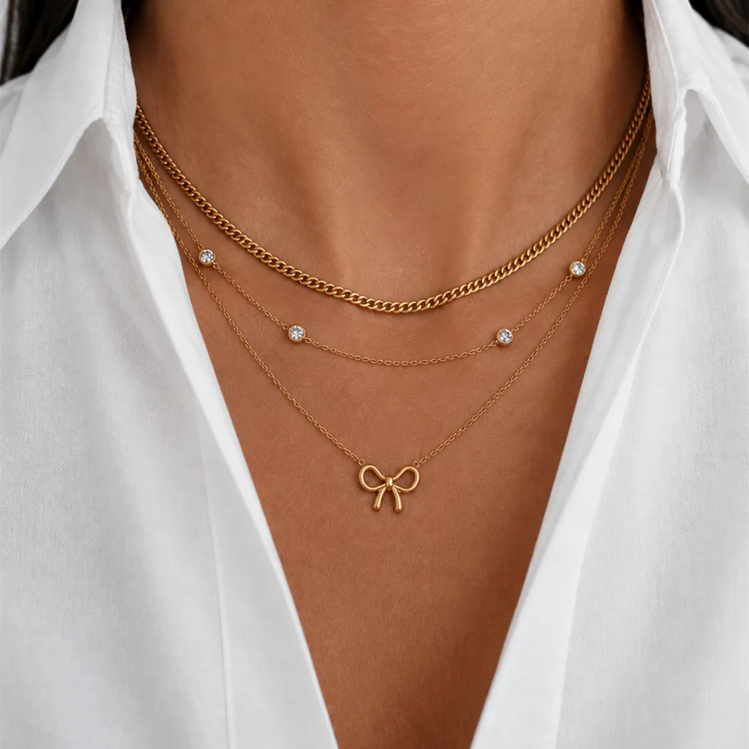 PuRui 3 Pcs/Set Elegant Gold Plated Stainless Steel Chokers Necklace for Women Sweet Cubic Zirconia Bowknot Pendant Necklace