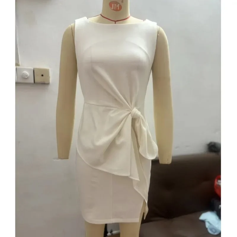 Vestidos por debajo de la rodilla calados sin mangas para mujer, vestido Sexy elegante con cuello redondo en la cintura, vestido envuelto con lazo, vestido de fiesta de oficina, Vestidos nuevos