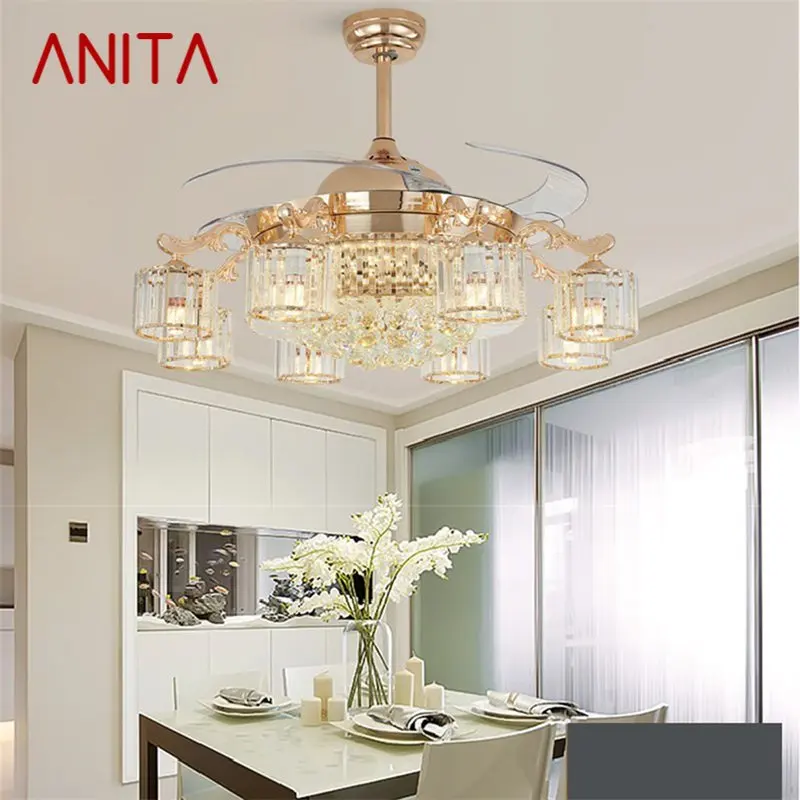 

ANITA Ceiling Fan Lights Luxury Crystal Lamp Remote Control Without Blade Modern Gold For Home Dining Room