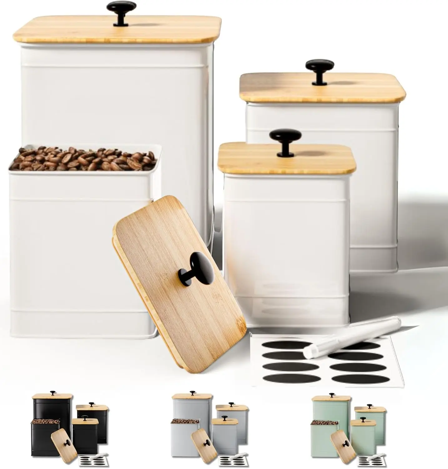 

Kitchen Canisters Set of 4 with Chalkboard Labels & Airtight Lids - White Countertop Canister Set