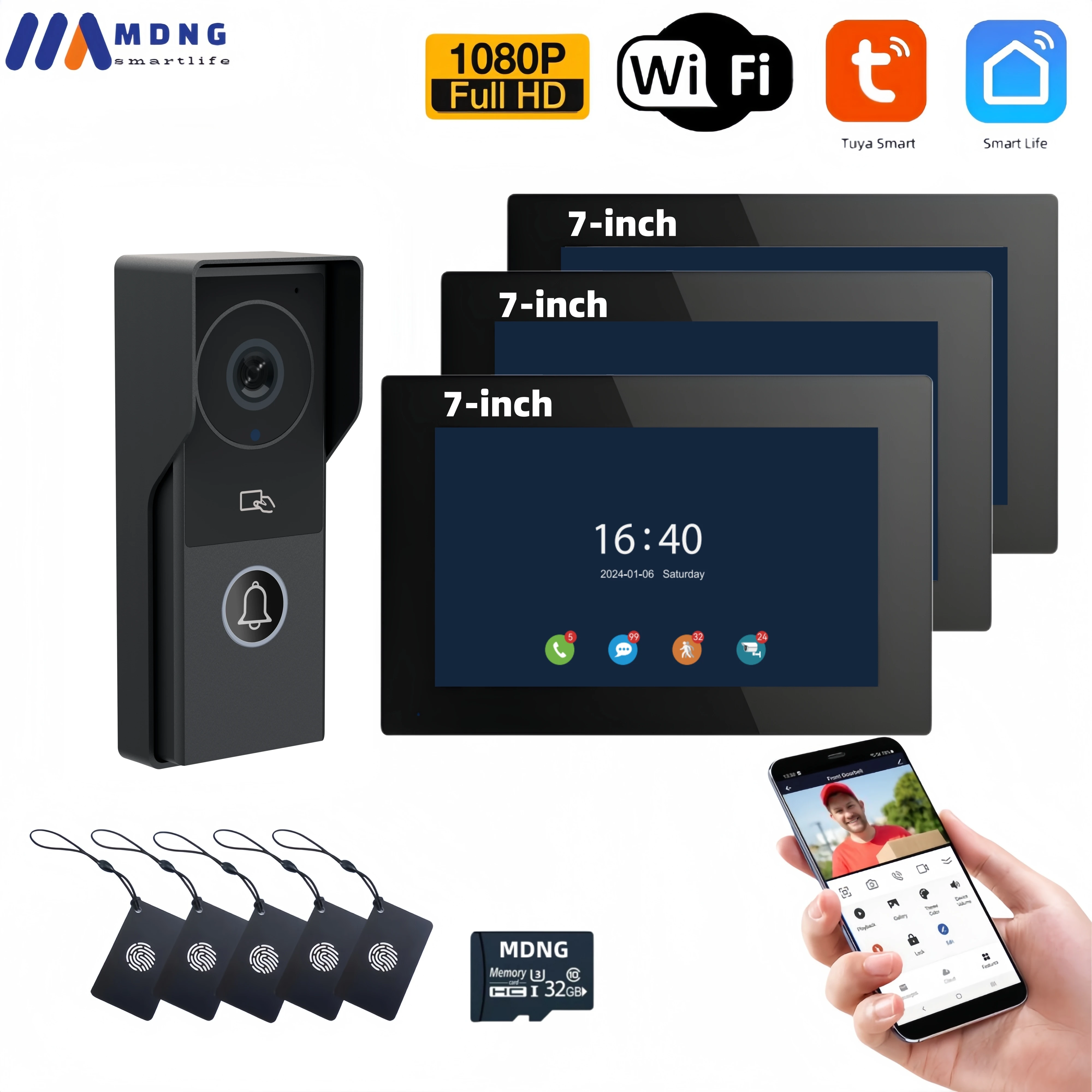 7" 1080P Tuya Smart Wifi Video Intercom Wireless Doorbell Camera RFID Card Unlock Door Entry Intercom System for Home Apartment