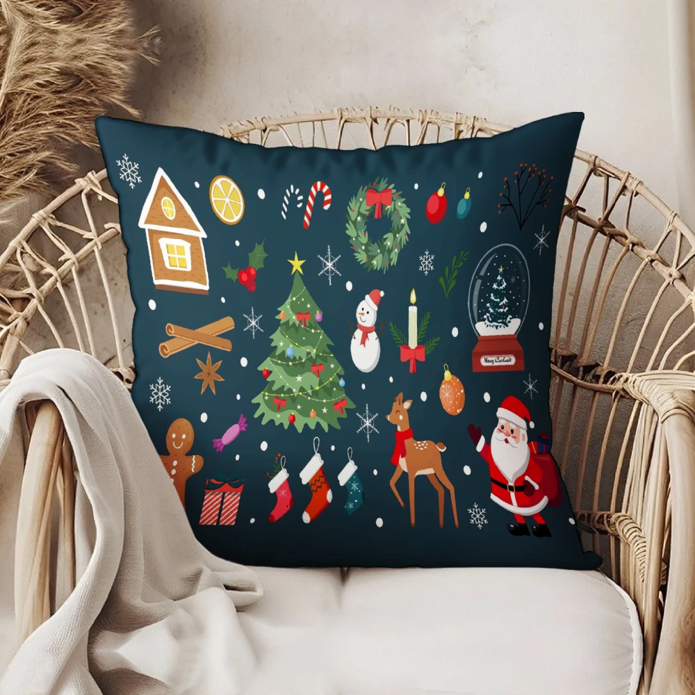 Square Throw Pillow Case Dark Blue Christmas Santa Claus Snowman Reindeer Tree Wreath Gingerbread House Candy Cane Ornament Prin