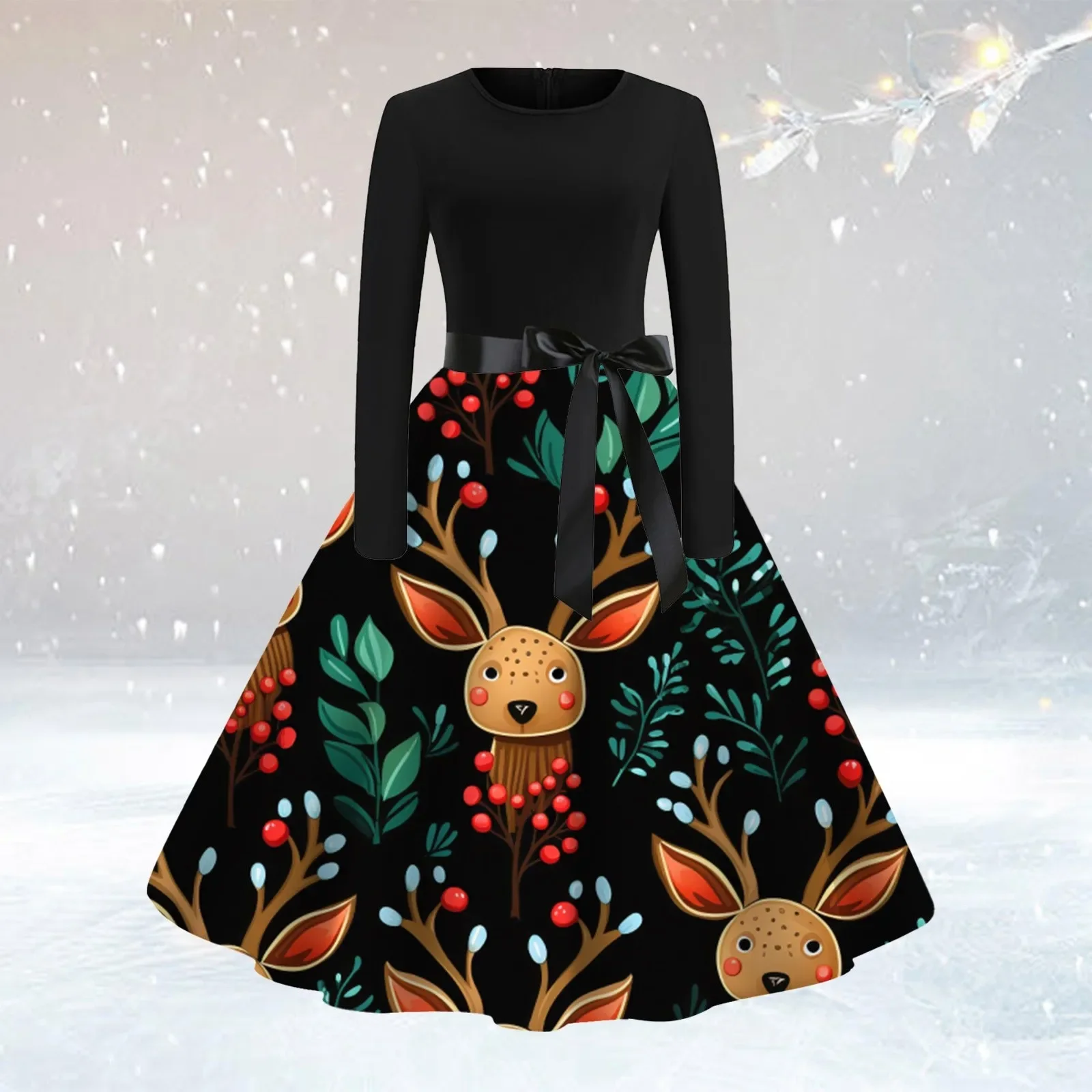 

Christmas Print Vintage Dress Women Christmas Casual Robe Femme Dress Elegant Party Dresses Long Sleeve Festival Vestidos Robe