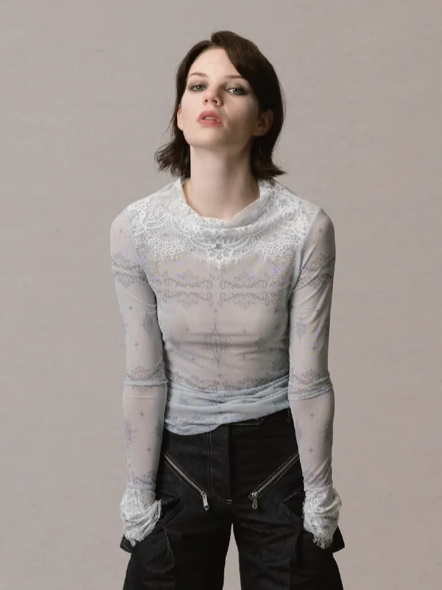 

Neoneon Printed Lace Base irt Baroque Pattern High-End Feel Small Flounce Collar Inner Long Sve Women's T-irt