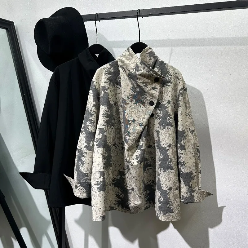 Retro Distressed Design Stand Collar Loose and Irregular Jacquard Long-Sleeved Shirt Avant-Garde Dark High-Grade Top
