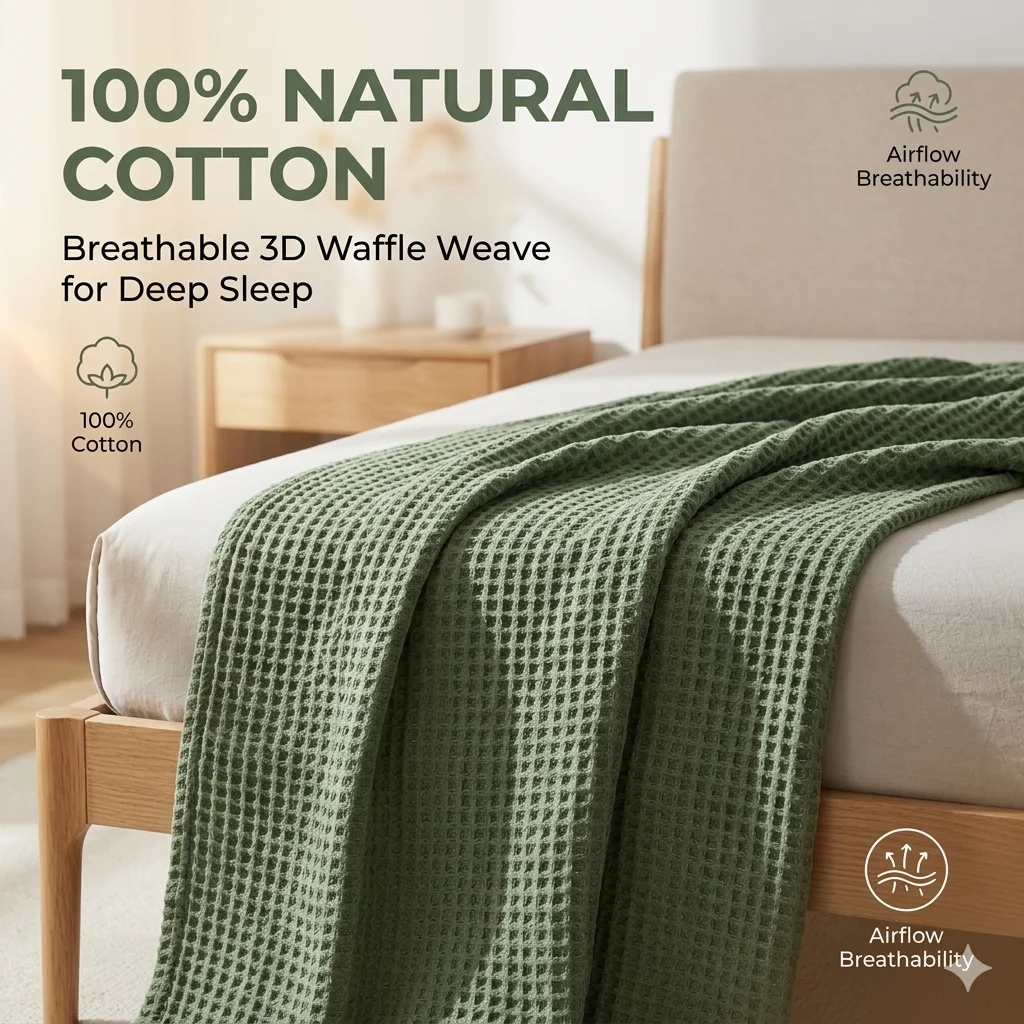 100% Cotton Waffle Blanket Breathable Sage Green Muslin Throw Blanket for Bed Couch Premium Soft Long-Staple Cotton Summer Quilt