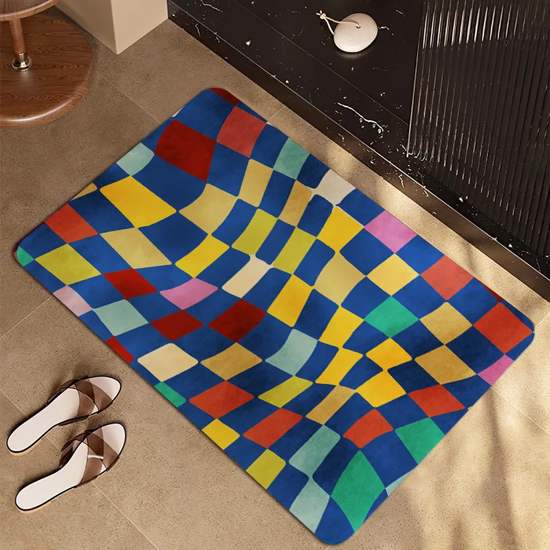 Colorful Checkered Geometric Bath Mat Non‑Slip Water Absorbent Floor Rug Retro Plaid Pattern Doormat For Bathroom Entrance Kitch