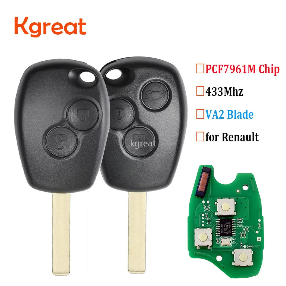Kgreat Head Key Remote Fob 2/3 Buttons 433MHz PCF7961M 4A Chip For Renault Trafic Vauxhall Vivaro 2014 2015 2016 2017 Uncut VA2