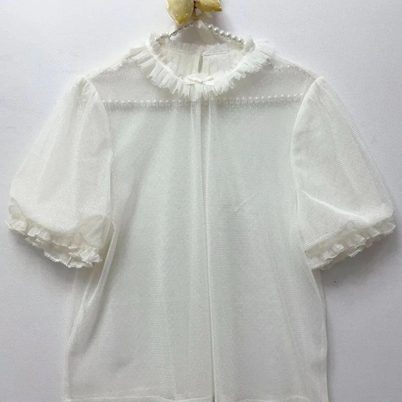 Japanese Rojita Sweet Style Short Sleeved Dot Gauze Stand Collar Puff Sleeves Inner Shirt Pullover Top Y2k Kawaii Blouse Ladies