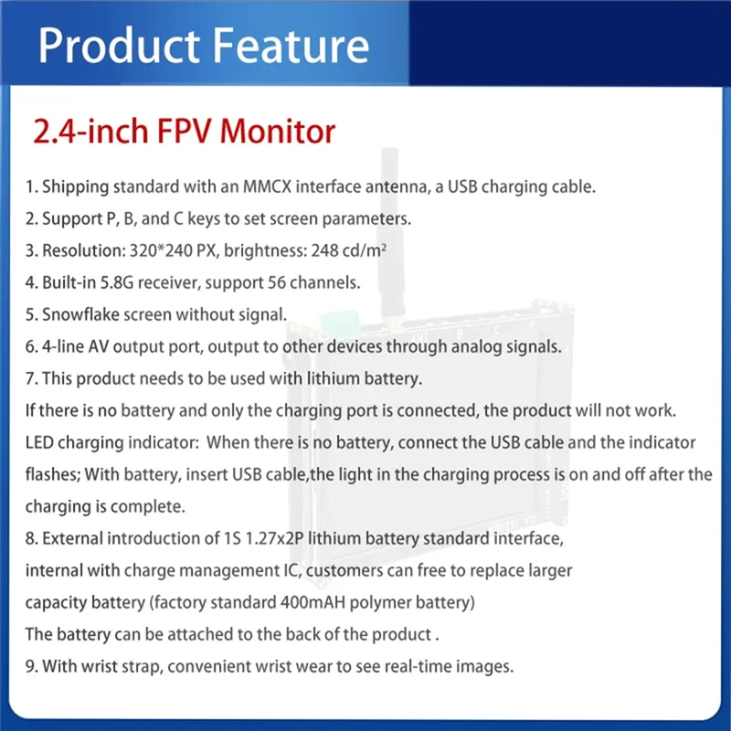 

2.4 Inch LCD 480X 320Px FPV Monitor Auto Search- Micro 5.8G 56CH For RC Multicopter Drone