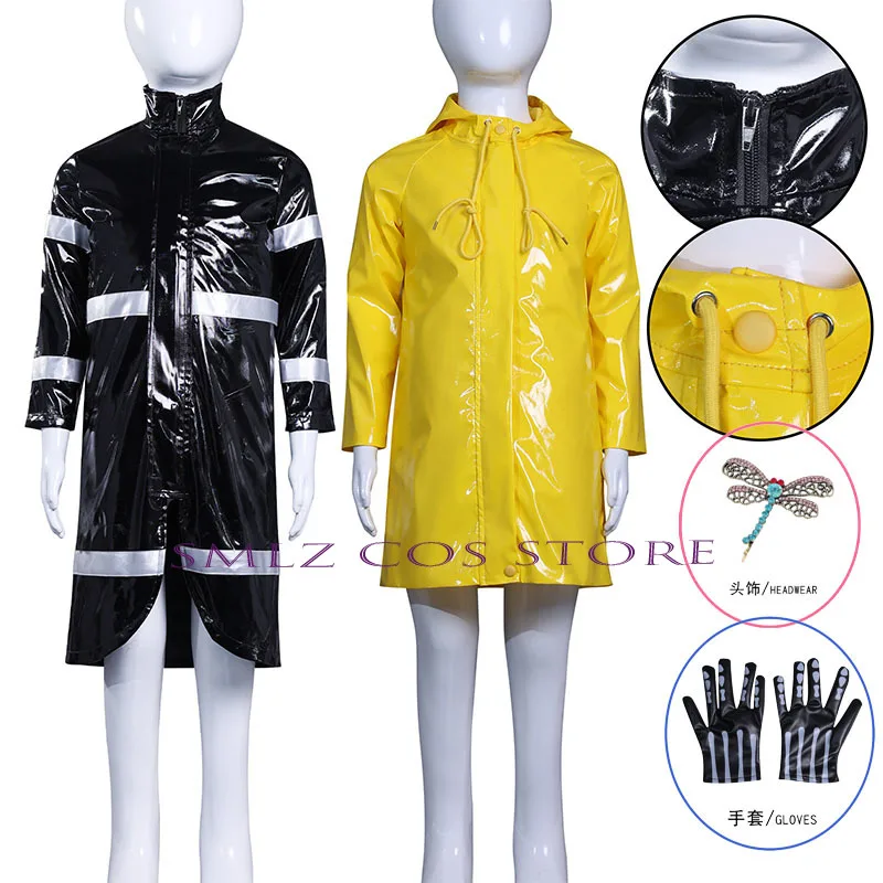 

Children Coraline Wybie Cosplay Costume Boy Black Yellow Coat Trench Outfits Halloween Party Roleplay Outfit for Woman Kid