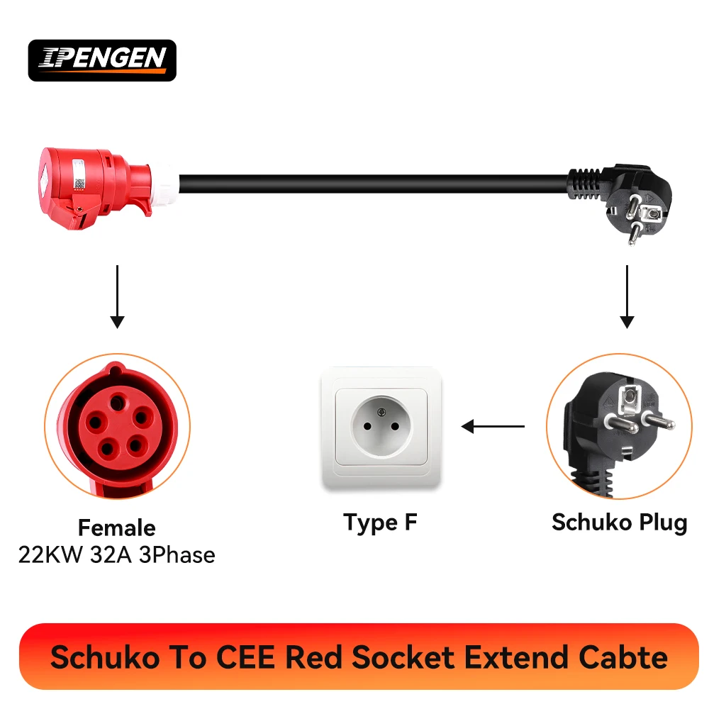 

IPENGEN Адаптер зарядного устройства для электромобилей Schuko to Red CEE Socket 5-контактный адаптер для подключения к 32 А, 3 фазы, 22 кВт для портативной зарядки