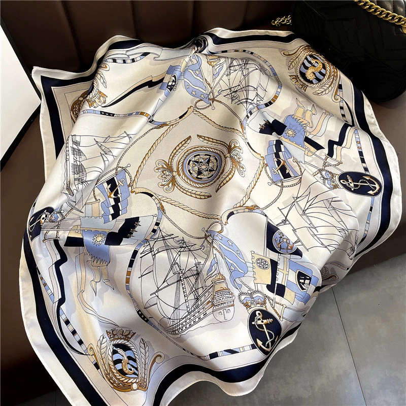 Satin Luxury Scarf-Nautical design-BlueWhite scarf