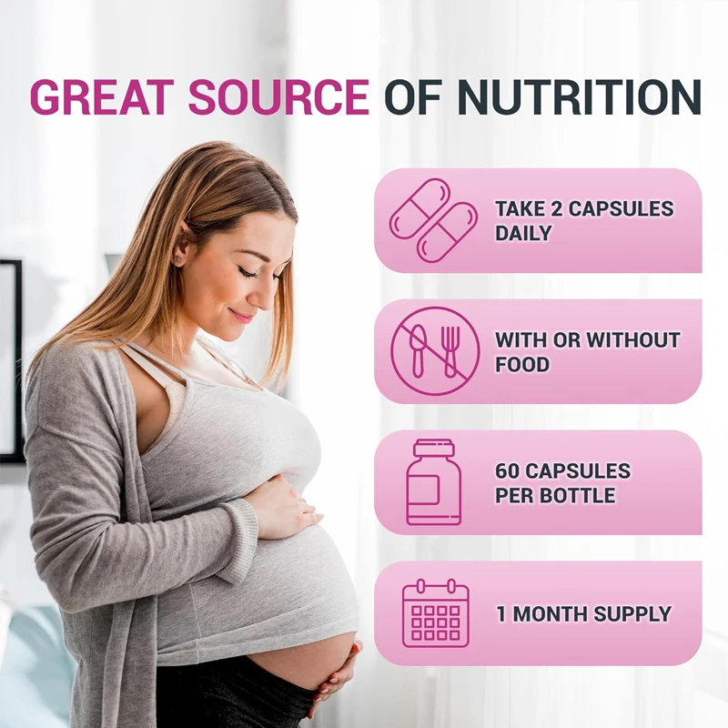 Women's natural prenatal vitamins include folic acid, vitamins, minerals, Omega, and 11 types of superfoods in 60 capsules