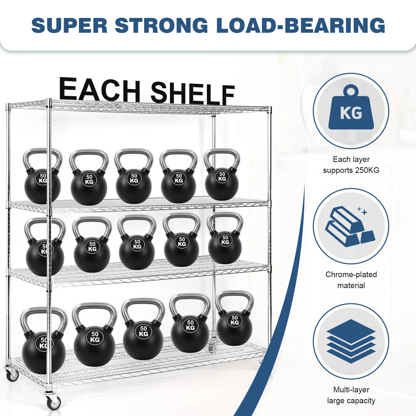 

5-Tier 70.87x59.76x23.98in Metal Wire Shelving Each Layer Support 250KG Pantry Shelves with Wheels for Office Basement Warehouse