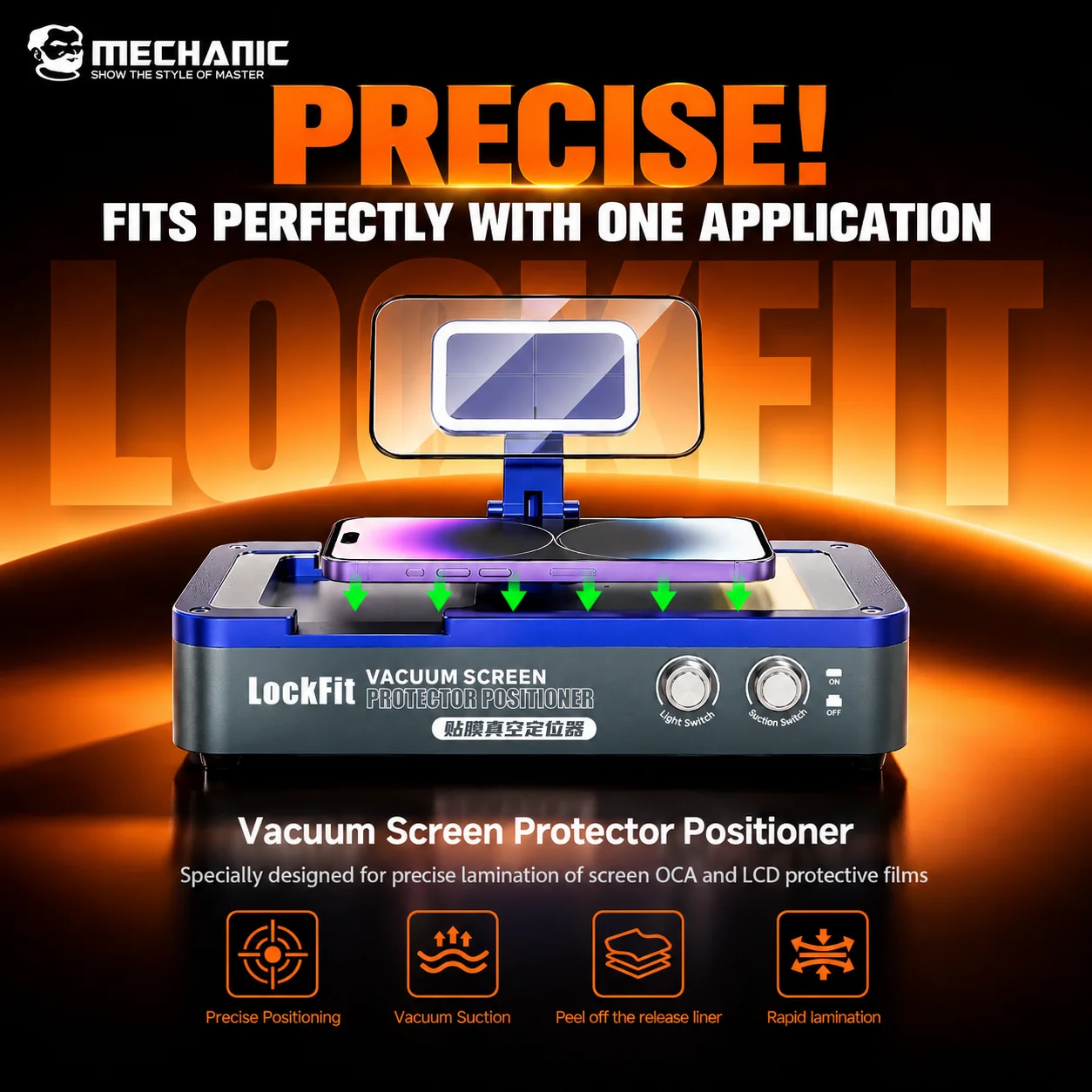 MECHANIC LockFit Vacuum Screen Protector Positioner Lighting Visible for Phone OCA Films Precise Alignment Auto Laminating Tool