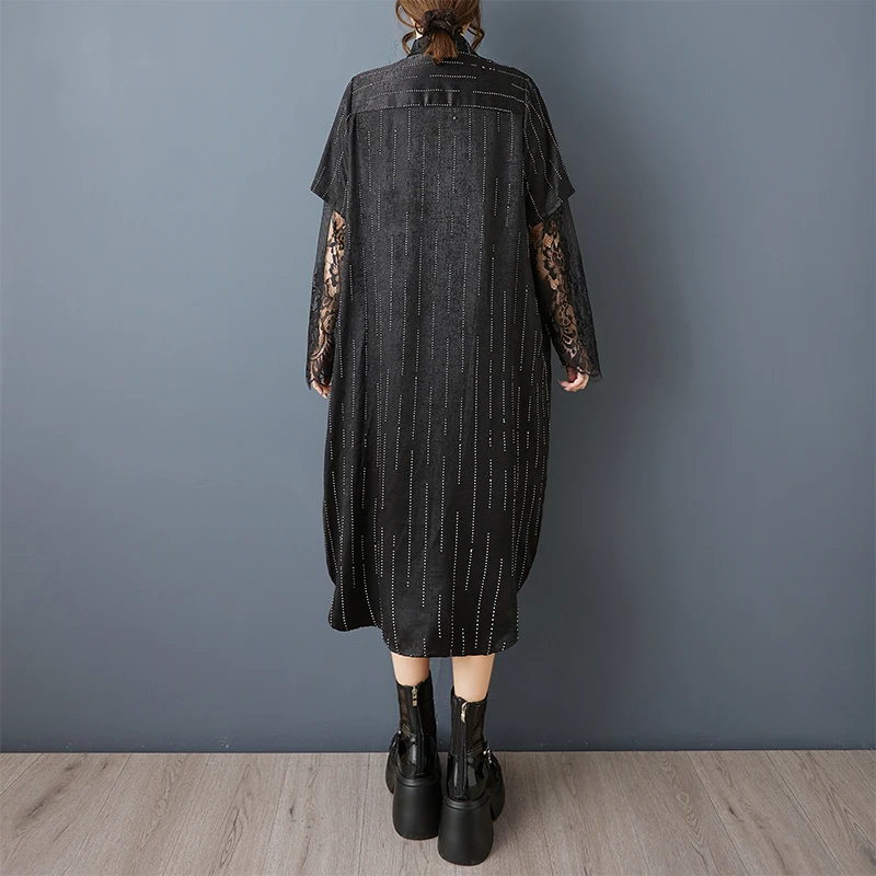 Loose Lace Insert Asymmetrical irt Dr Striped Patchwork Faion Design Summer Women's plus Size Dr  Collar Long S...