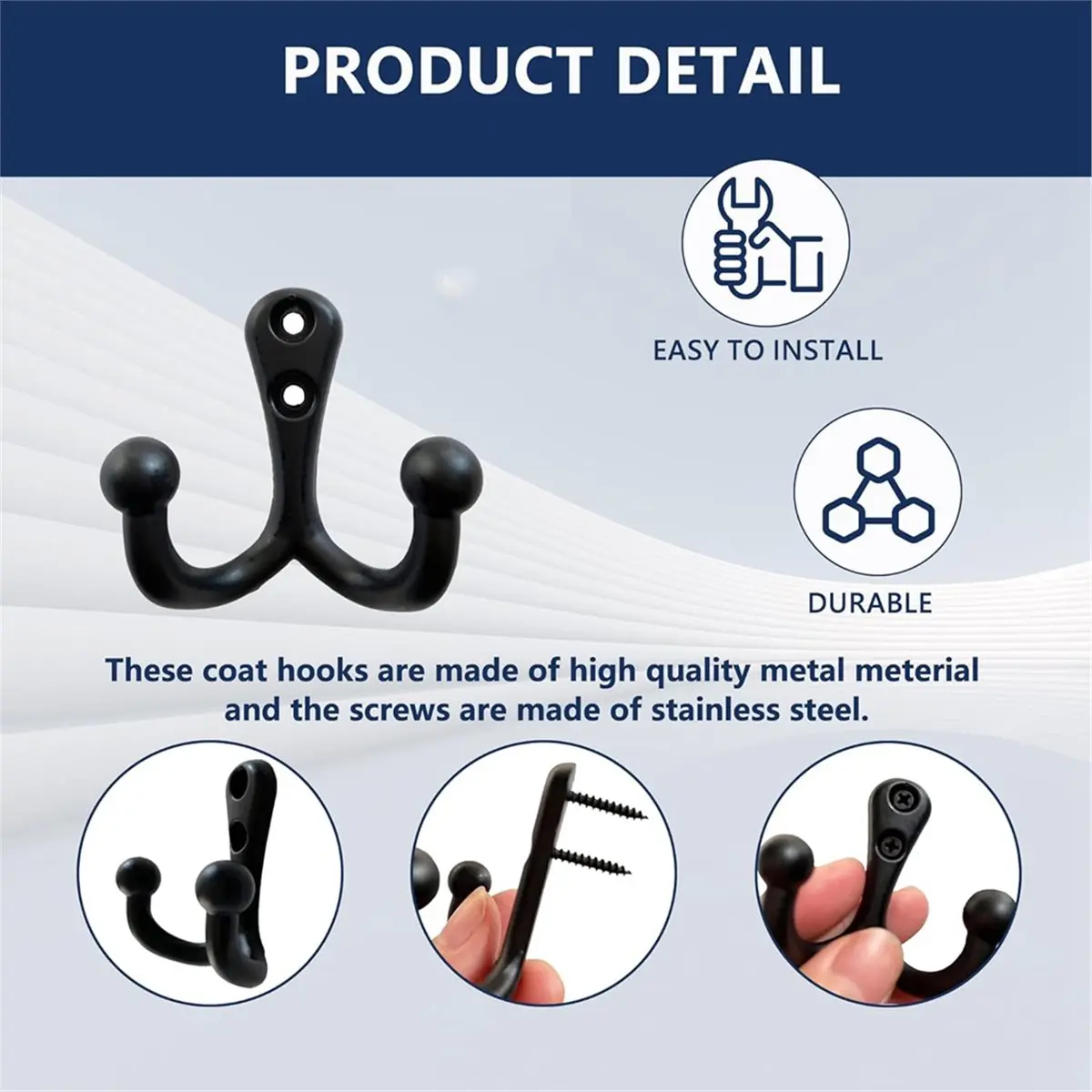 6 Pack Double Prong Coat Hooks, Heavy Duty Vintage Black Zinc Alloy Wall Hooks for Hanging Clothes, Towels, Robes, Keys