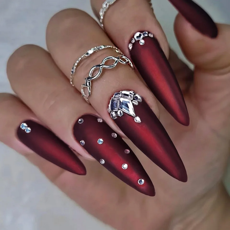 

3D fake nails accessories dark red long stiletto tips with rhinestones for chirstmas halloween accessories press on false nail