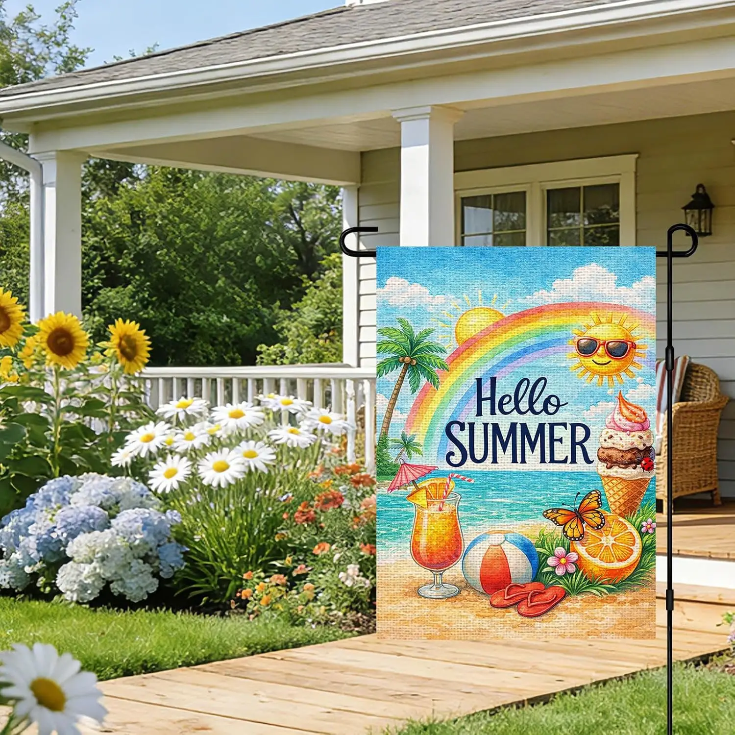 IVN Hello Summer Garden Flag 12x18 Inch Double Sided Linen Rainbow Sunshine Beach Ball Ice Cream Tropical Drink Yard Decor f zzo