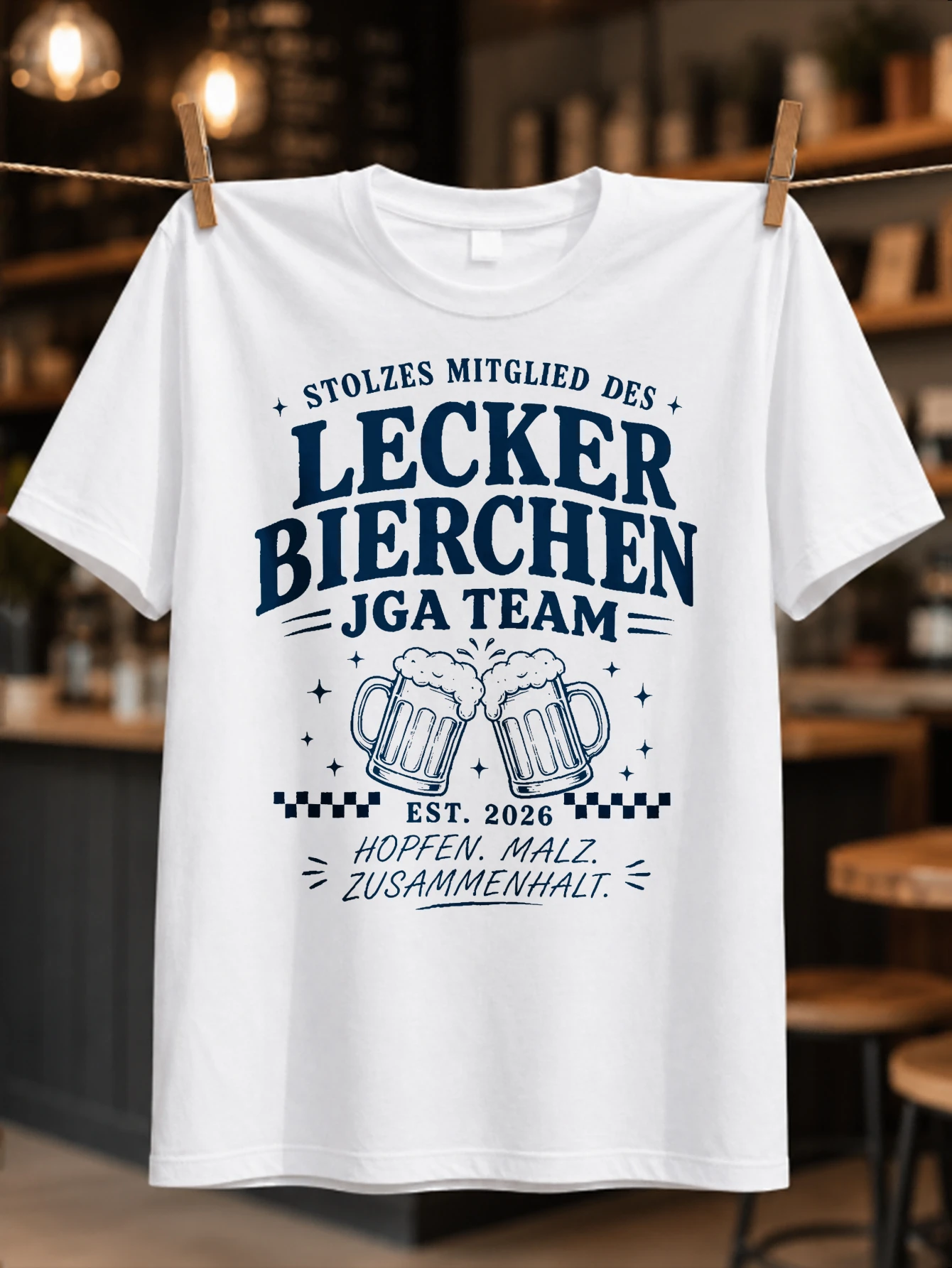 Lecker Bierchen JGA Team German bachelor party beer  with checkered banner bold navy pub lettering  Unisex All T-Shirt