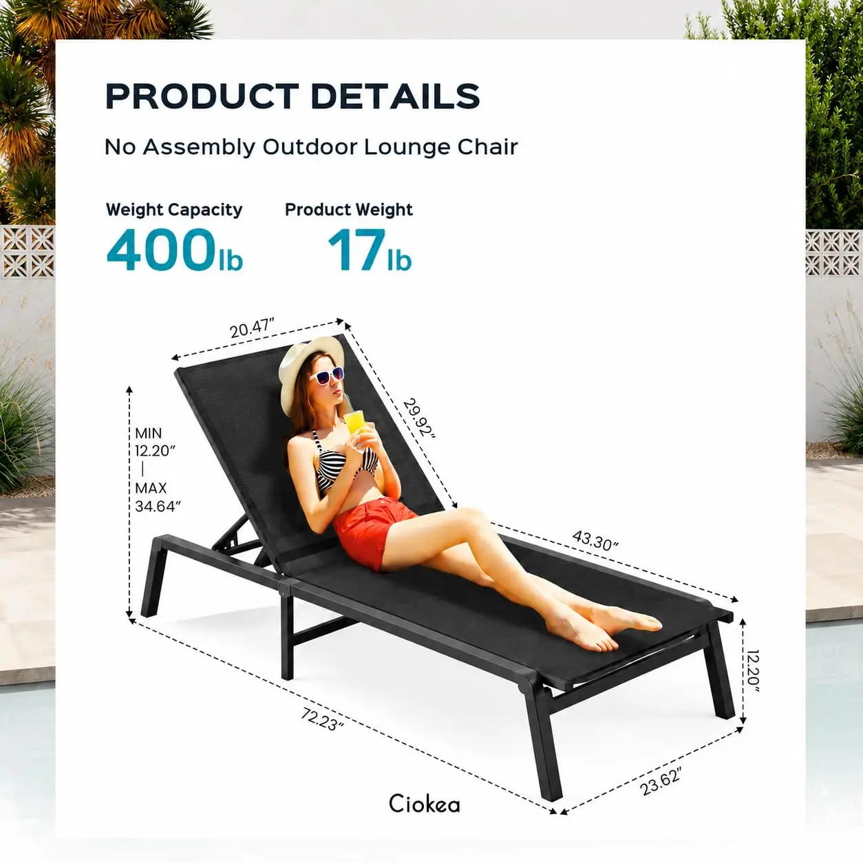 Foldable Aluminum Patio Chaise Lounge Set of 2 with 5-Position Adjustable Backrest for Poolside Lawn Deck Outdoor, Customized