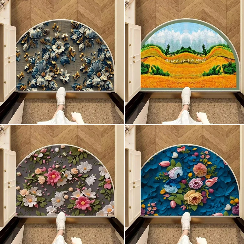 1pc Oil Painting Style Half-Circle Door Mat - Non-Slip Rubber Backing, Machine Washable Polyester Fiber Mat,Indoor/Outdoor Use