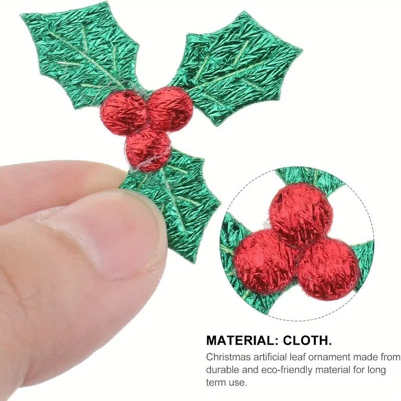 50PCS Triple Leaf Holly Berry Sprigs Craft Decor 3.7CM Green/Gold/Silver Holiday Wreath Card Making DIY Accessories Hot