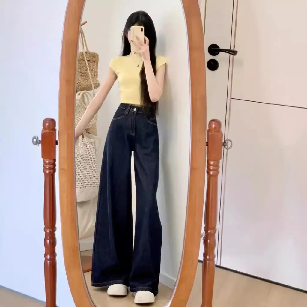 

Women's Dark Blue High-Waist Draped Jeans Retro American Style Spring New Straight Wide-Leg Floor-Length Pants