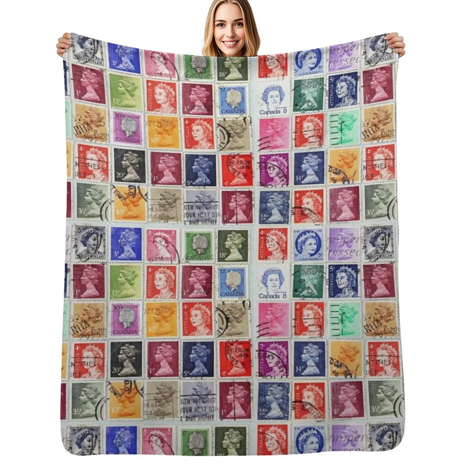 

Postage stamps of British Commonwealth with image of Her Majesty Queen Elizabeth. Throw Blanket Softest warm for winter Blankets