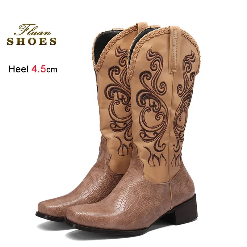 2025 جديد تطريز أنيق النساء منتصف العجل الأحذية رئيس مربع 4.5 سنتيمتر كعب متوسط فارس الأحذية الخريف الشتاء سيدة أحذية أحذية طويلة