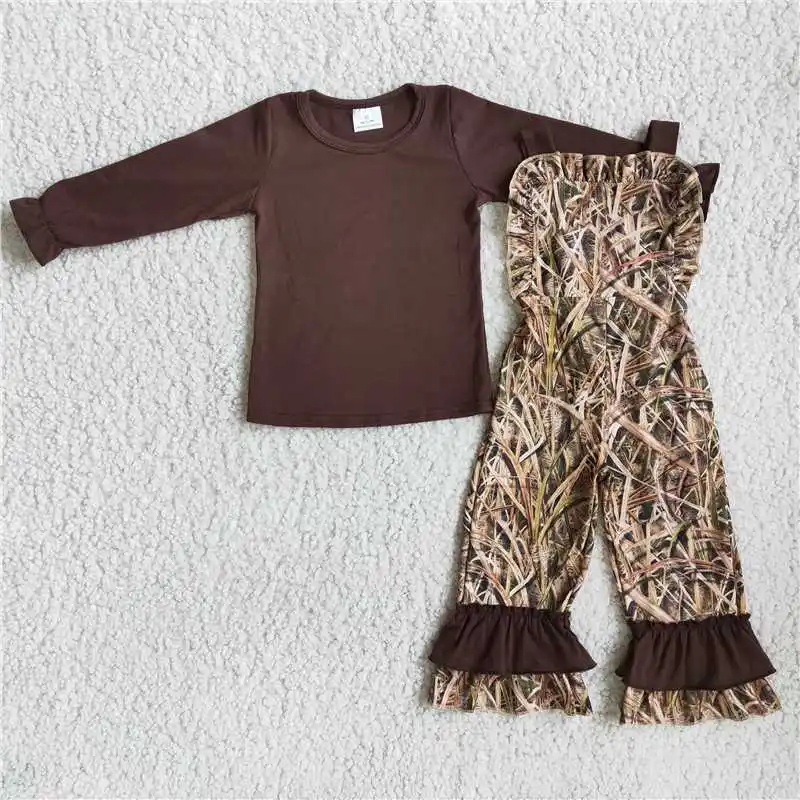 

2022 Rts Daily Wearing Dark Brown Print Long Sleeve Shirt Twigs Black Lace Print Pants Fashion High Quality Western Baby Girls