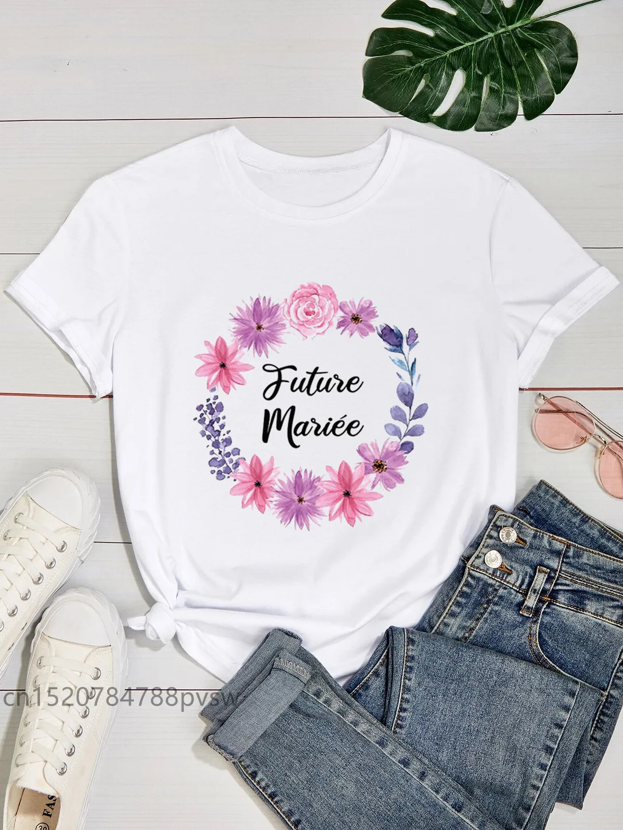 Customer Name France Letter EVJF Team De La Mariée Flower Women T-shirt Girl Bride To Be Wedding Tops Tees Female Party Clothes