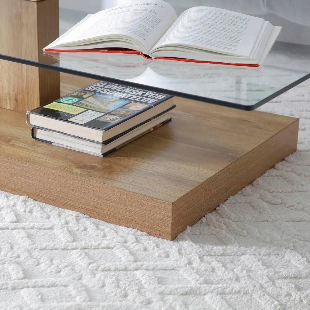 Glass Coffee Table with Storage, 44 Inch Rectangular Coffee Tables for Living Room, 3-Tier Tempered Glass Wooden Center Table Mo