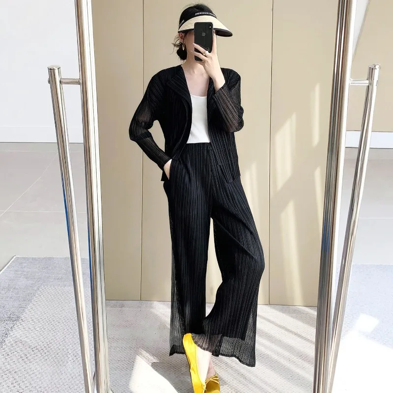 

Miyake 2026 Summer Top Cardigan Double Layer Mesh Simple Long Sleeve Jacket Elastic Straight Draped Wide Leg Pants Women's Set