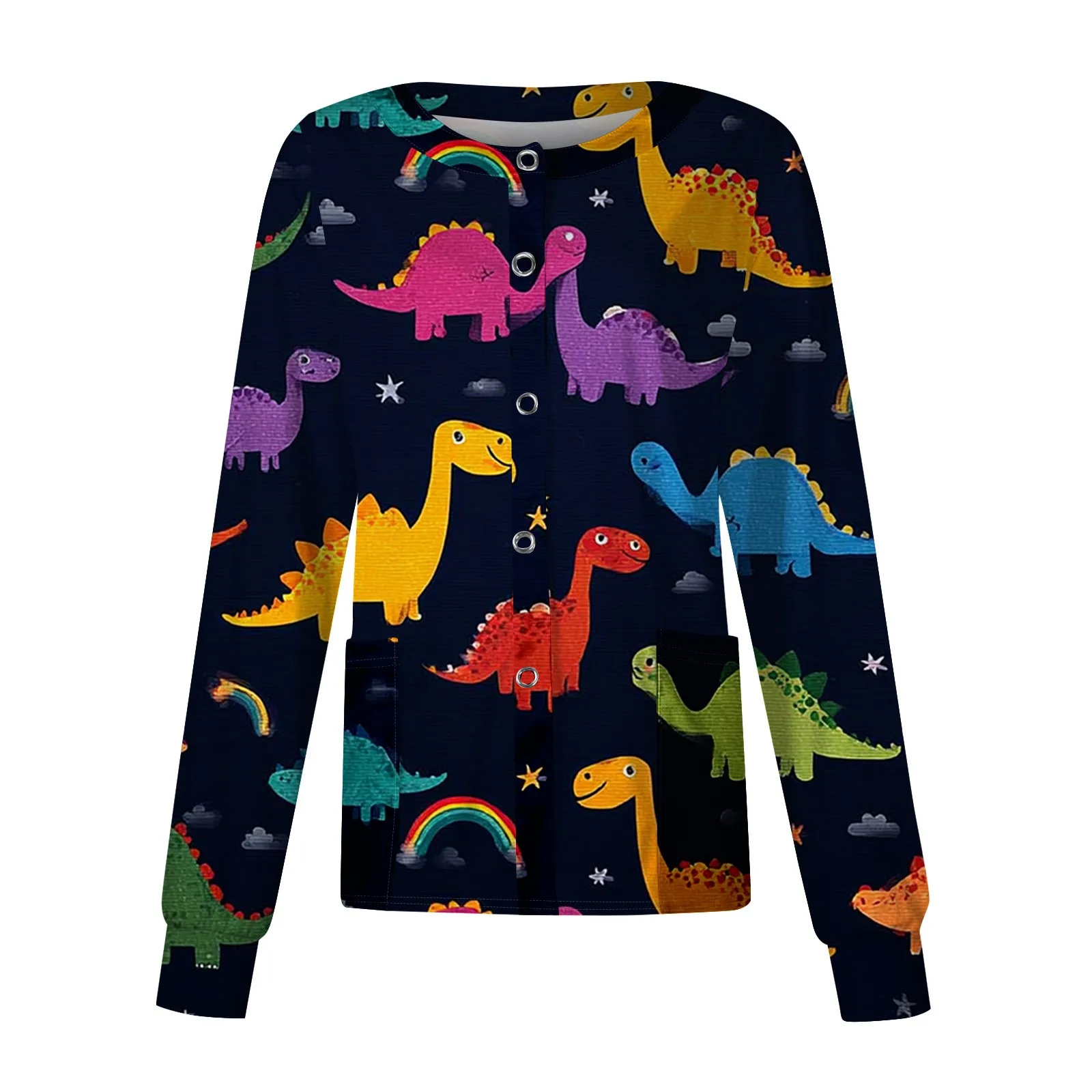 Jesienny damski kombinezon pielęgniarski z długim rękawem, koszulka, codzienny okrągły dekolt, zapinany na guziki, nadruk zwierzęcy, ochronny kardigan.