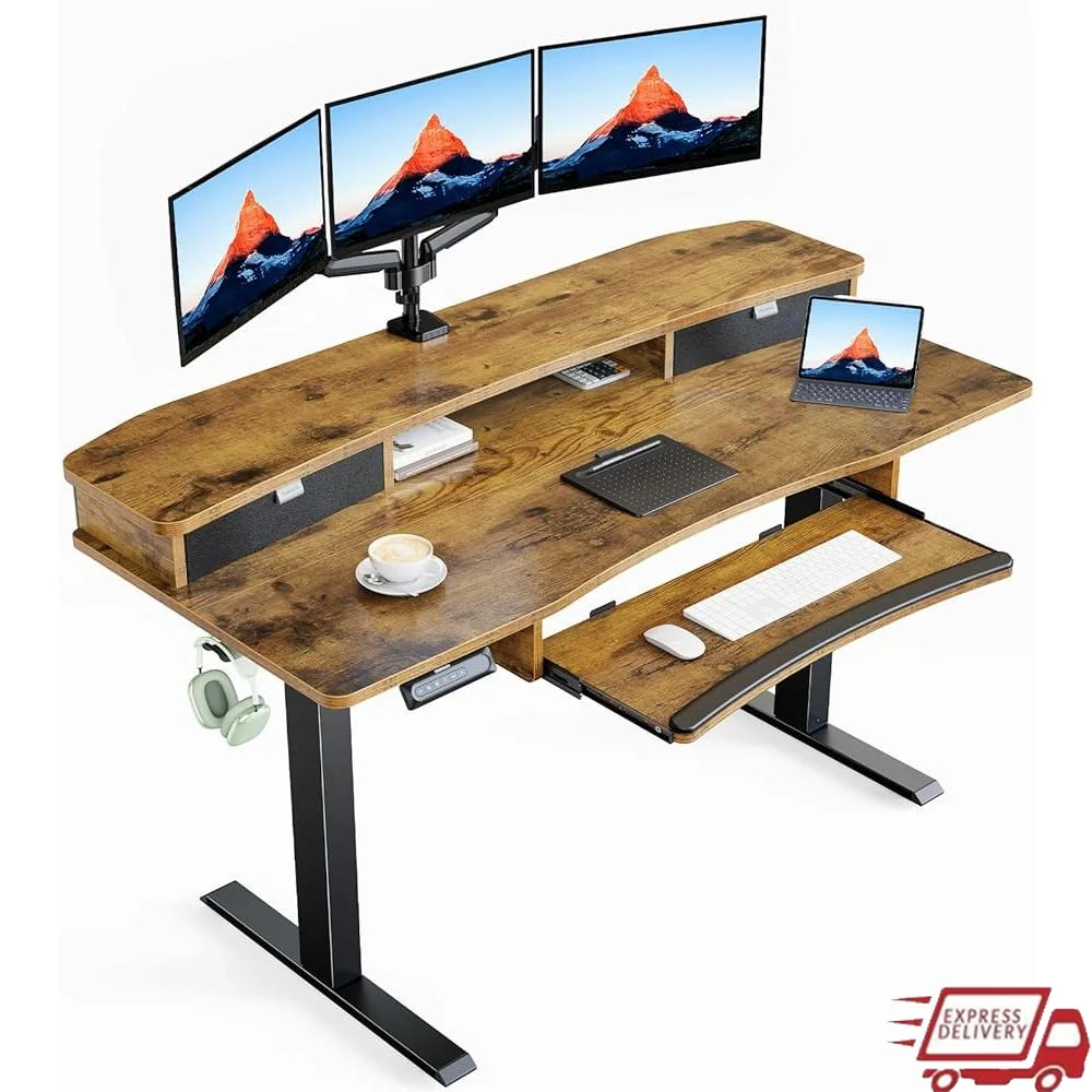

Electric Standing Desk with 2 Drawers Large Keyboard Tray Ergonomic Height Adjustment C-Clamp Mount Stable Home Office