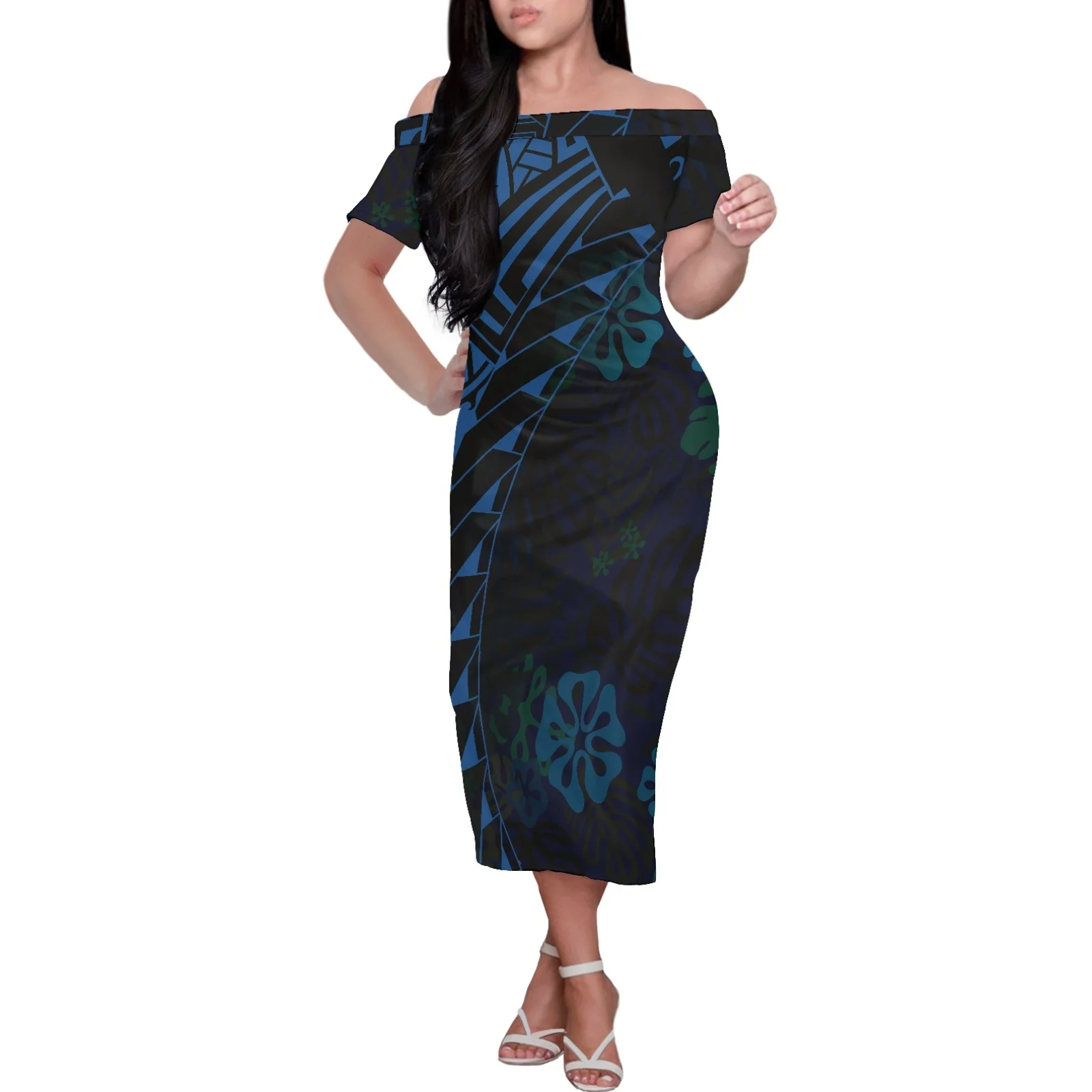 

New Design Women Evening Dress Ladies Elegant Off Shoulder Short Sleeve Clothing Summer Tattoos Print Samoa Tribal Blue Dresses