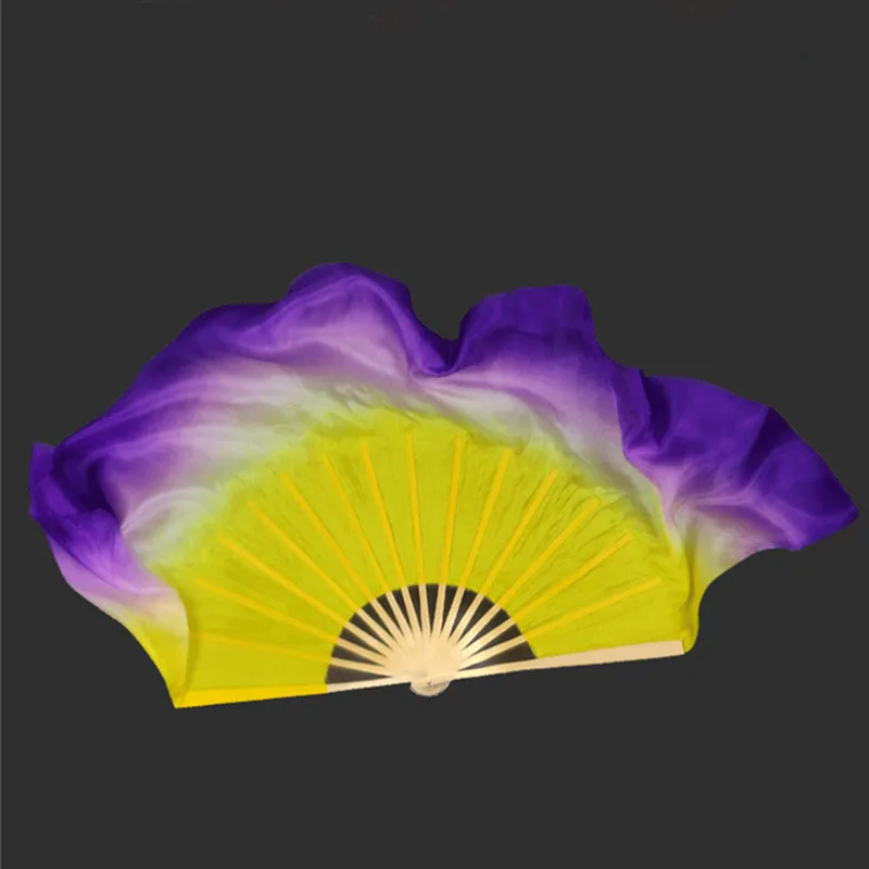 Real Silk Fan Veils 2 Layers Bamboo Folding Fan Double-sided Flowy Gradient Color Yellow Purple  Long Veil Hand Dye Yangko Adult