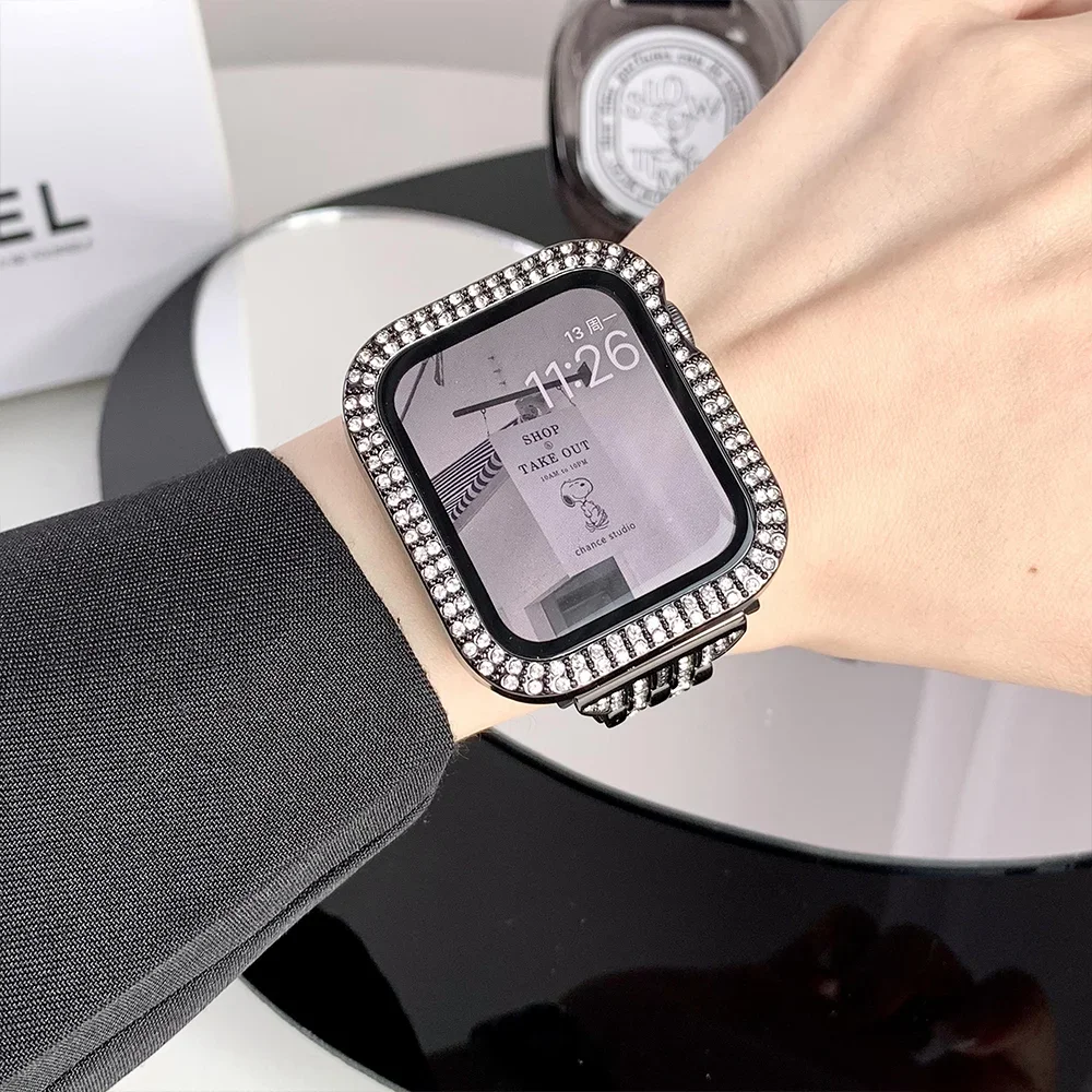 غطاء الماس لساعة أبل 45 مللي متر 41 مللي متر 38 مللي متر 42 مللي متر 44 مللي متر 40 مللي متر الزجاج المقسى + واقي للشاشة سلسلة 9 8 7 6 5 4 3 SE