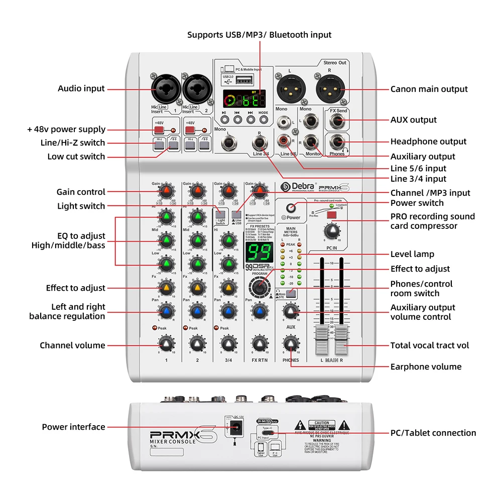 Console mixer audio DJ con 99 DSP e scheda audio Bluetooth collegata al computer per la miscelazione audio professionale