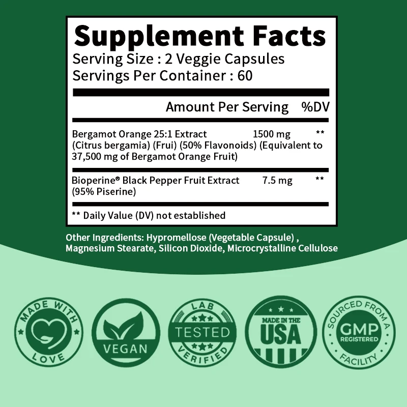 Cápsulas de suplemento Natural prémium para hombres y mujeres, extracto de bergamota Citrus 25:1, sin GMO