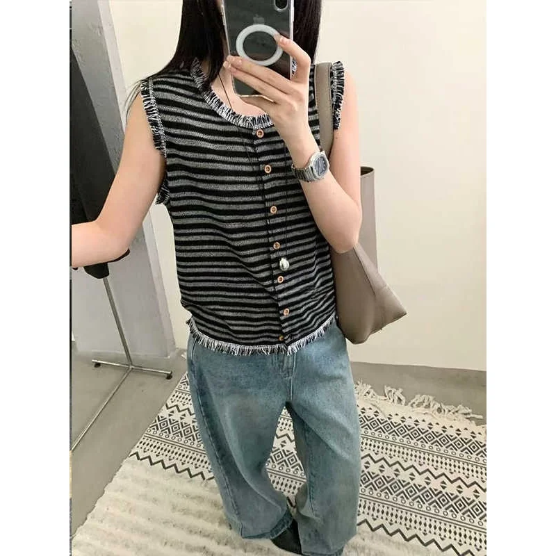 레트로 태슬 헴 스트라이프 라운드 네슬 라이크라 실크 니트 베스트 여성용 탑 패셔너블 출퇴근용 슬림핏
