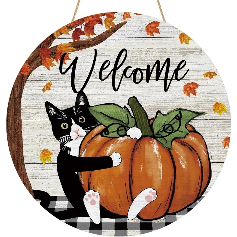 Herbstlicher Katzen-Türhänger – Willkommensschild aus Kürbisholz für Herbst, Bauernhaus-Veranda und Wanddekoration, saisonale Dekoration für den Innen- und Außenbereich
